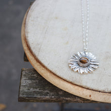 Load image into Gallery viewer, 925 Sterling Silver Sunflower Pendant  Necklace Tiger Eye Natural Stone