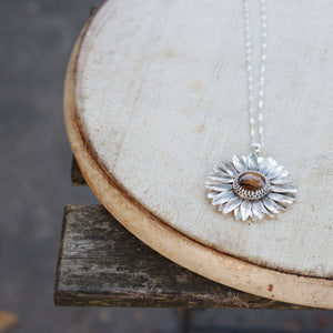 925 Sterling Silver Sunflower Pendant  Necklace Tiger Eye Natural Stone