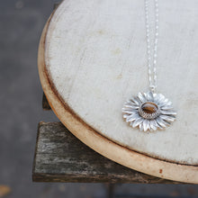 Load image into Gallery viewer, 925 Sterling Silver Sunflower Pendant  Necklace Tiger Eye Natural Stone