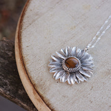 Load image into Gallery viewer, 925 Sterling Silver Sunflower Pendant  Necklace Tiger Eye Natural Stone