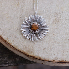 Load image into Gallery viewer, 925 Sterling Silver Sunflower Pendant  Necklace Tiger Eye Natural Stone
