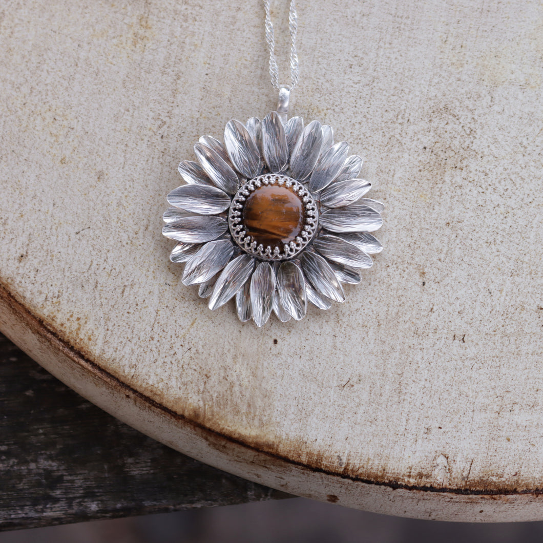 925 Sterling Silver Sunflower Pendant  Necklace Tiger Eye Natural Stone