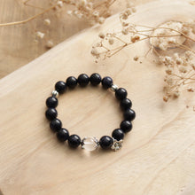 Load image into Gallery viewer, Natural Blue Sand Stone White Crystal Silver Flower Beads Elastic Bracelet