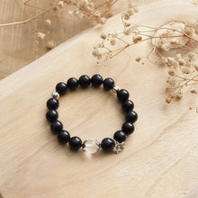 Load image into Gallery viewer, Natural Dark Blue Sand Stone White Crystal Silver Flower Beads Elastic Bracelet