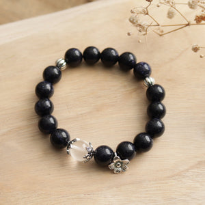 Natural Blue Sand Stone White Crystal Silver Flower Beads Elastic Bracelet
