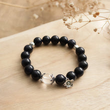 Load image into Gallery viewer, Natural Dark Blue Sand Stone White Crystal Silver Flower Beads Elastic Bracelet