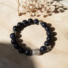 Load image into Gallery viewer, Natural Dark Blue Sand Stone White Crystal Silver Flower Beads Elastic Bracelet