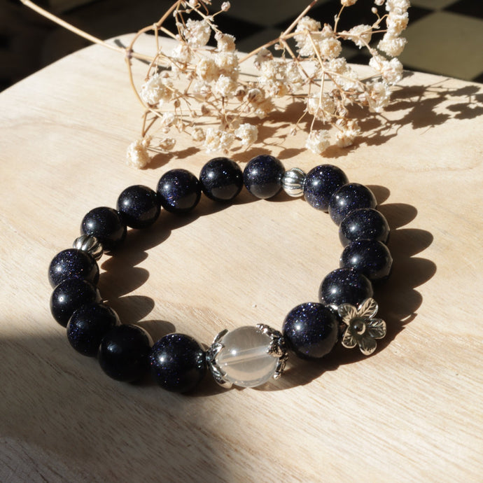 Natural Blue Sand Stone White Crystal Silver Flower Beads Elastic Bracelet