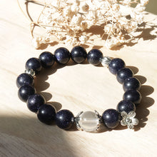 Load image into Gallery viewer, Natural Dark Blue Sand Stone White Crystal Silver Flower Beads Elastic Bracelet