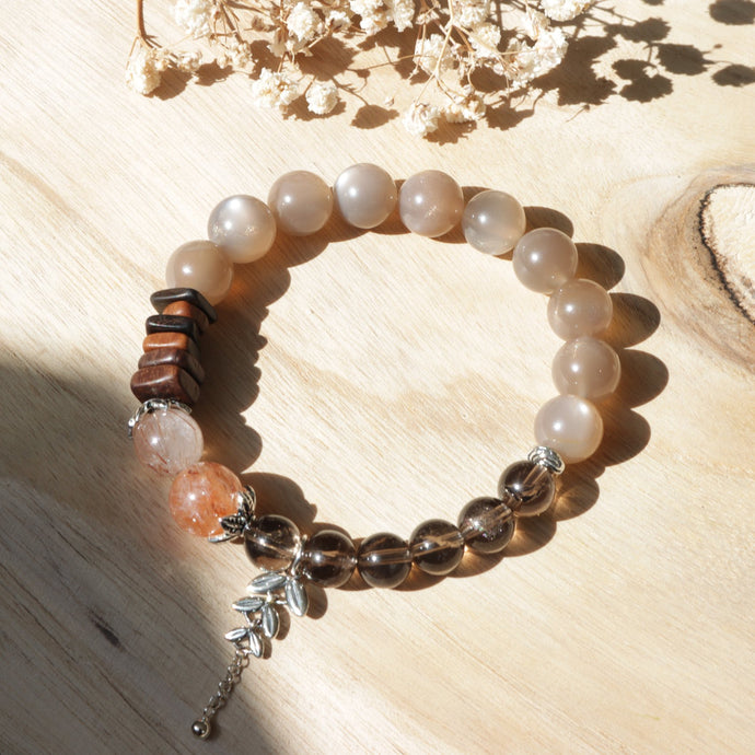 Silver Milk Tea Moonstone Smoky Quartz Black Super Seven Quartz Agarwood Bracelet