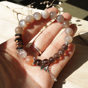 Silver Milk Tea Moonstone Smoky Quartz Black Super Seven Quartz Agarwood Bracelet