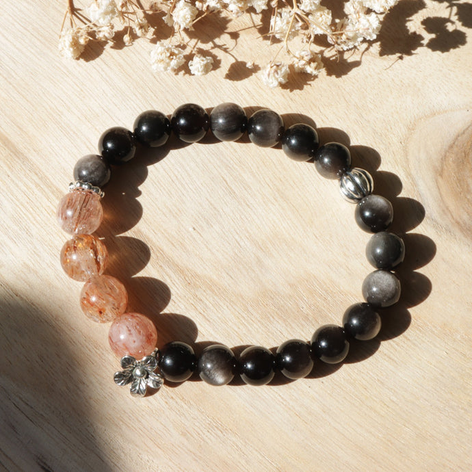 Natural Silver Obsidian Stone Black Super Seven Quartz Beaded Elastic Bracelet