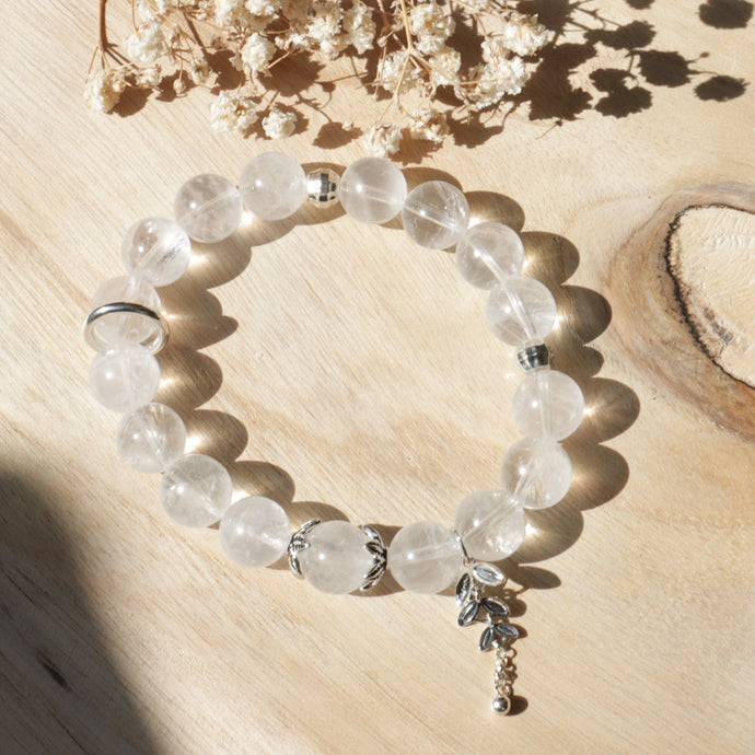 Silver Natural White Phantom Quartz Crystal Bead Elastic Bracelet