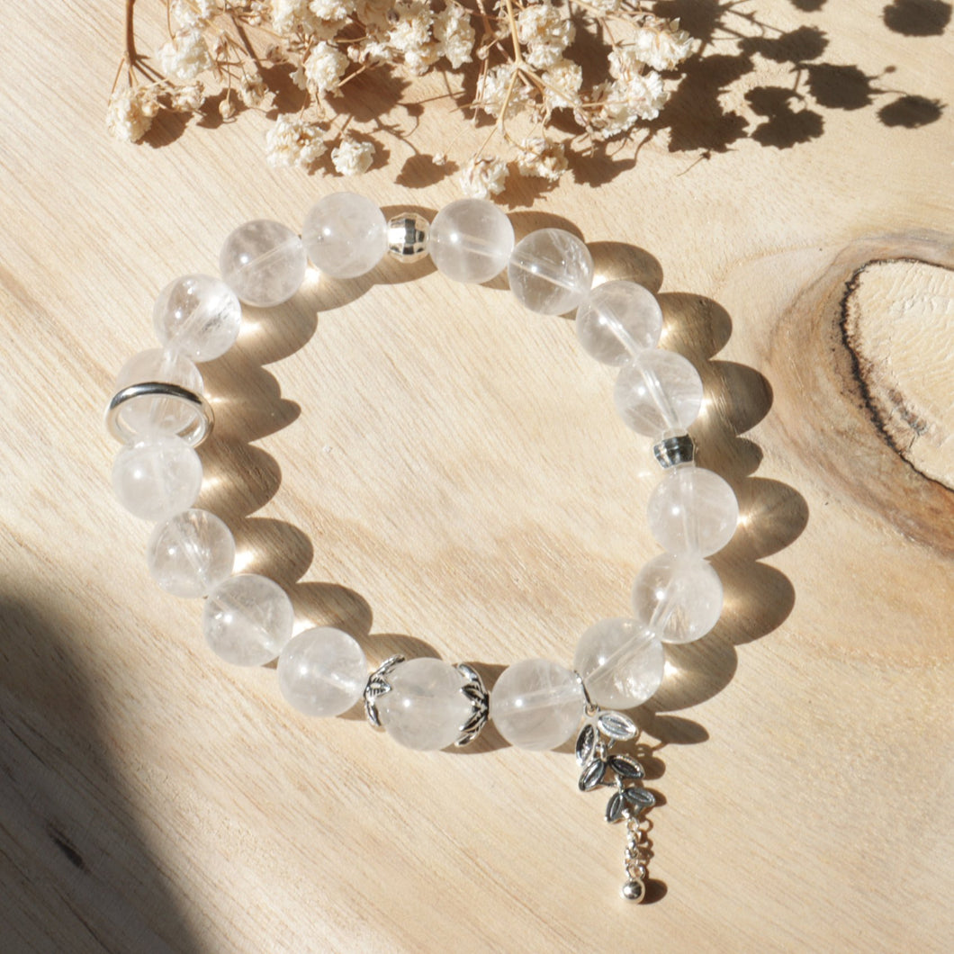 Silver Natural White Phantom Quartz Crystal Bead Elastic Bracelet