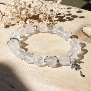Silver Natural White Phantom Quartz Crystal Bead Elastic Bracelet