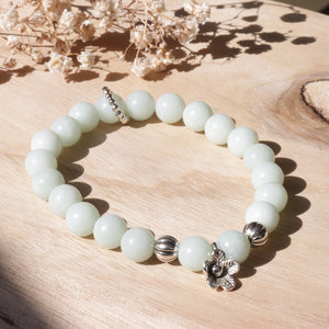 Sliver Flower Natural Light Blue Jade Beads Elastic Bracelet