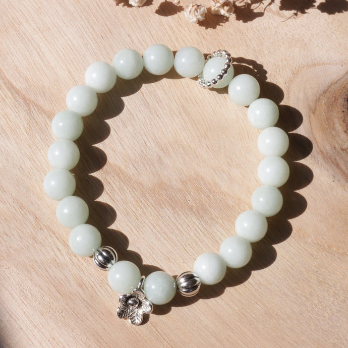 Sliver Flower Natural Light Blue Jade Beads Elastic Bracelet