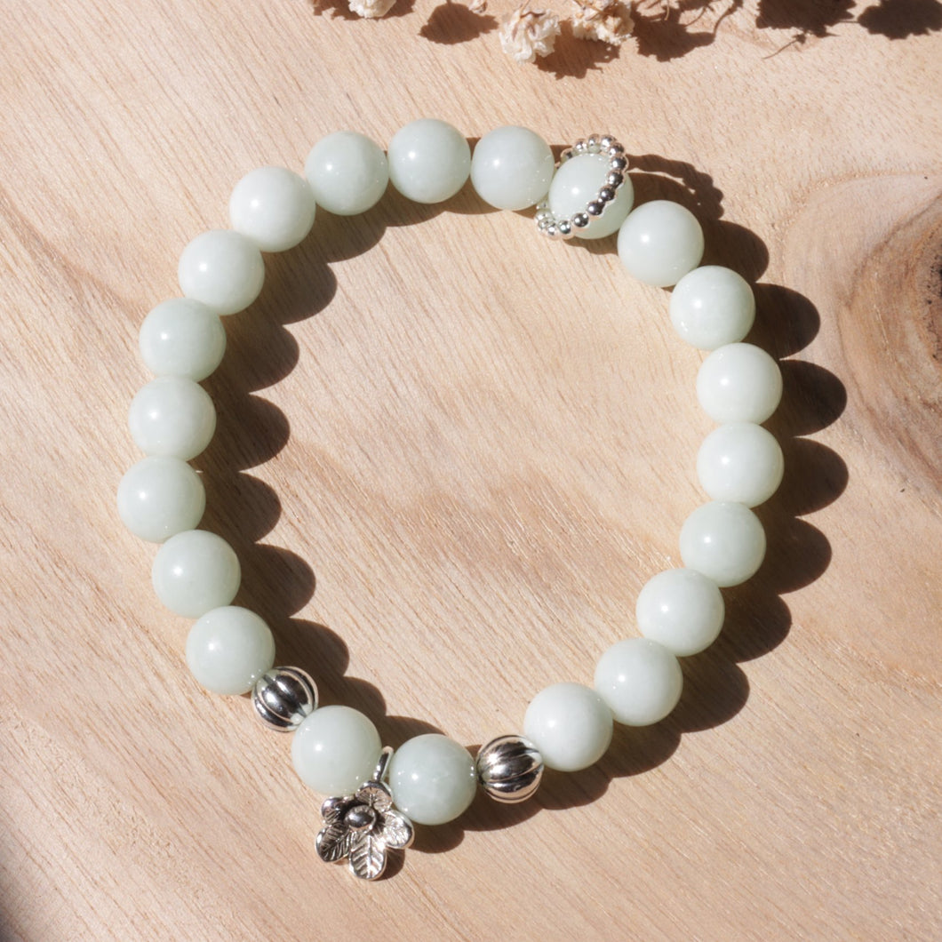 Sliver Flower Natural Light Blue Jade Beads Elastic Bracelet