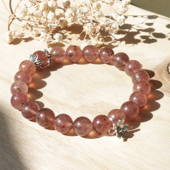 Natural Strawberry Quartz Beaded Silver Flower Bracelet
