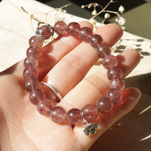 Natural Strawberry Quartz Beaded Silver Flower Bracelet