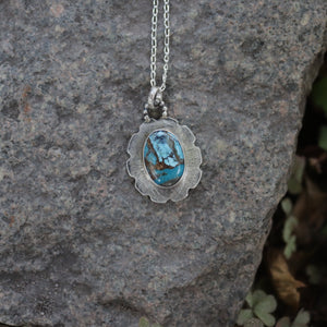 Handmade 925 Silver Flower Shape Oval Blue Copper Turquoise Necklace