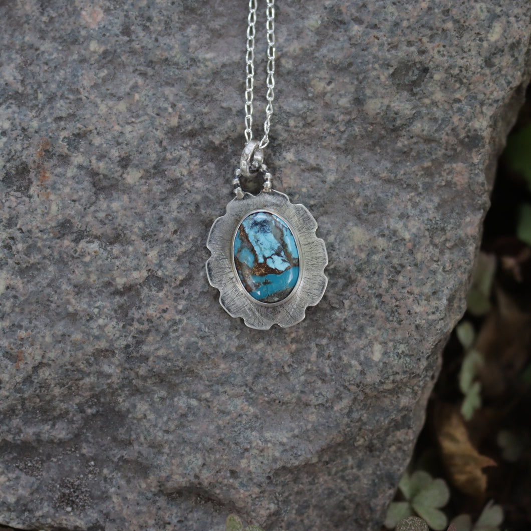 Handmade 925 Silver Flower Shape Oval Blue Copper Turquoise Necklace
