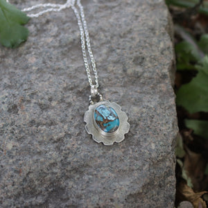 Handmade 925 Silver Flower Shape Oval Blue Copper Turquoise Necklace