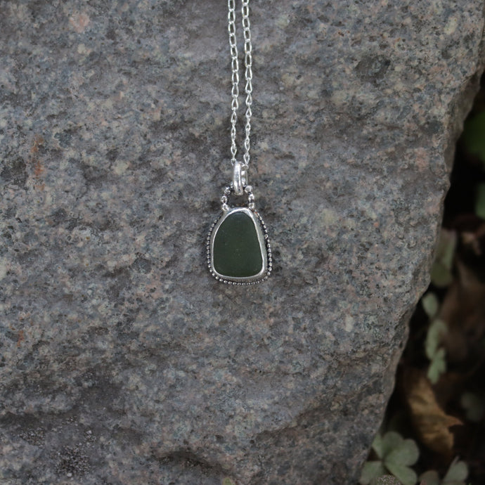 Hand-crafted 925 Silver Genuine Dark Olive Green Sea Glass Necklace