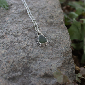 Hand-crafted 925 Silver Genuine Dark Olive Green Sea Glass Necklace