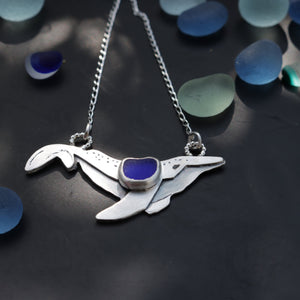 Hand-crafted Genuine Cobalt Blue Whale Sea Glass 925 Silver Necklace