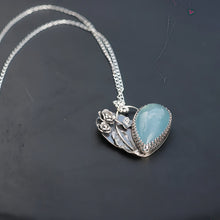 Load image into Gallery viewer, Handmade 925 Silver Teardrop Natural Aquamarine Heart Flowers Butterfly Necklace