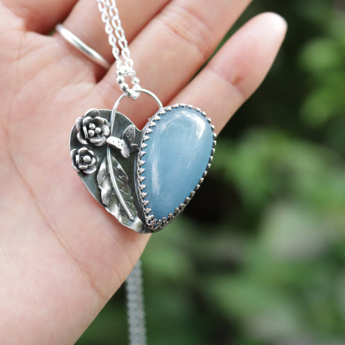 Handmade 925 Silver Teardrop Natural Aquamarine Heart Flowers Butterfly Necklace