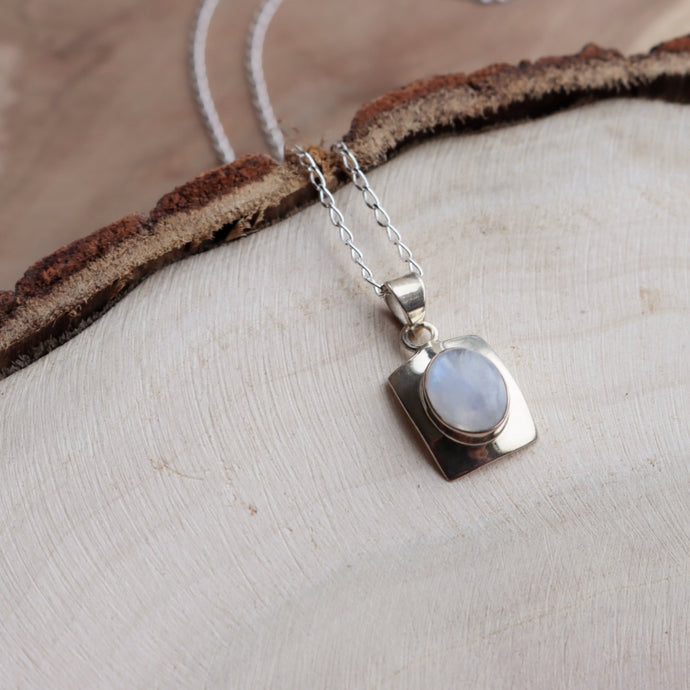 Handmade Sterling Silver Rectangle Oval Moonstone Necklace