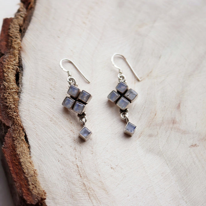 Moonstone Sterling Silver Faceted Cubic Hook Drop Earrings