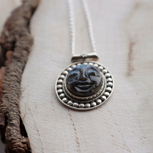 Carved Labradorite smiley Face Silver Pendant Necklace