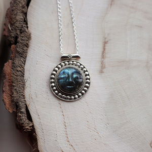 Carved Labradorite smiley Face Silver Pendant Necklace