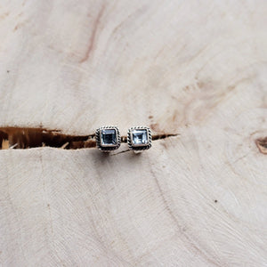 Handmade Sterling Silver Square Blue Topaz Small Stud Earrings