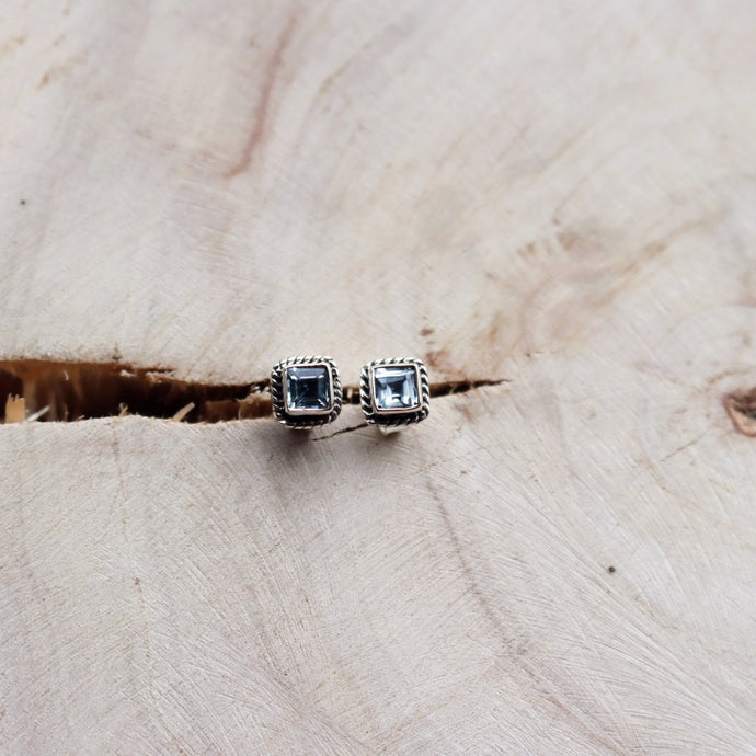 Handmade Sterling Silver Square Blue Topaz Small Stud Earrings