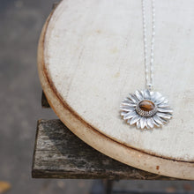 Load image into Gallery viewer, 925 Sterling Silver Sunflower Pendant  Necklace Tiger Eye Natural Stone