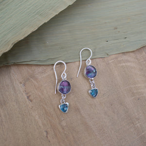 Handmade 925 Silver Natural Faceted Fluorite Blue Teal Kyanite Earrings