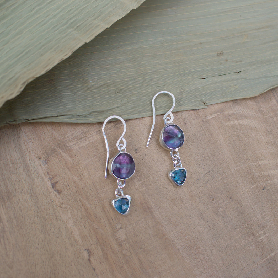 Handmade 925 Silver Natural Faceted Fluorite Blue Teal Kyanite Earrings