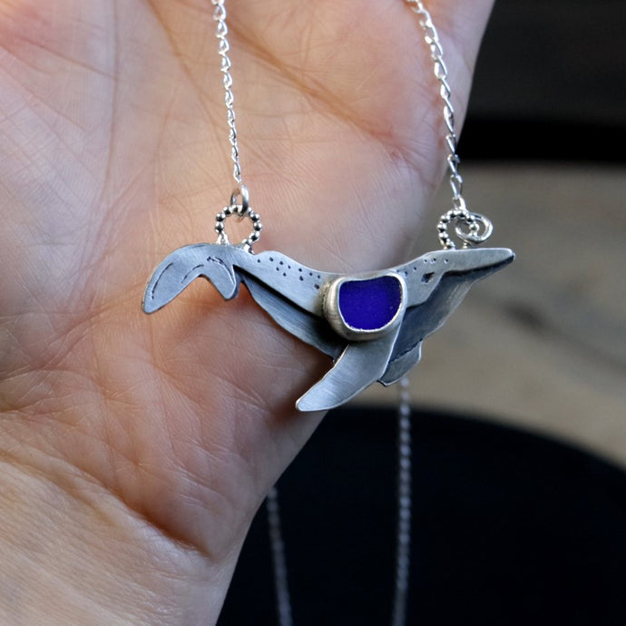 Hand-crafted Genuine Cobalt Blue Whale Sea Glass 925 Silver Necklace